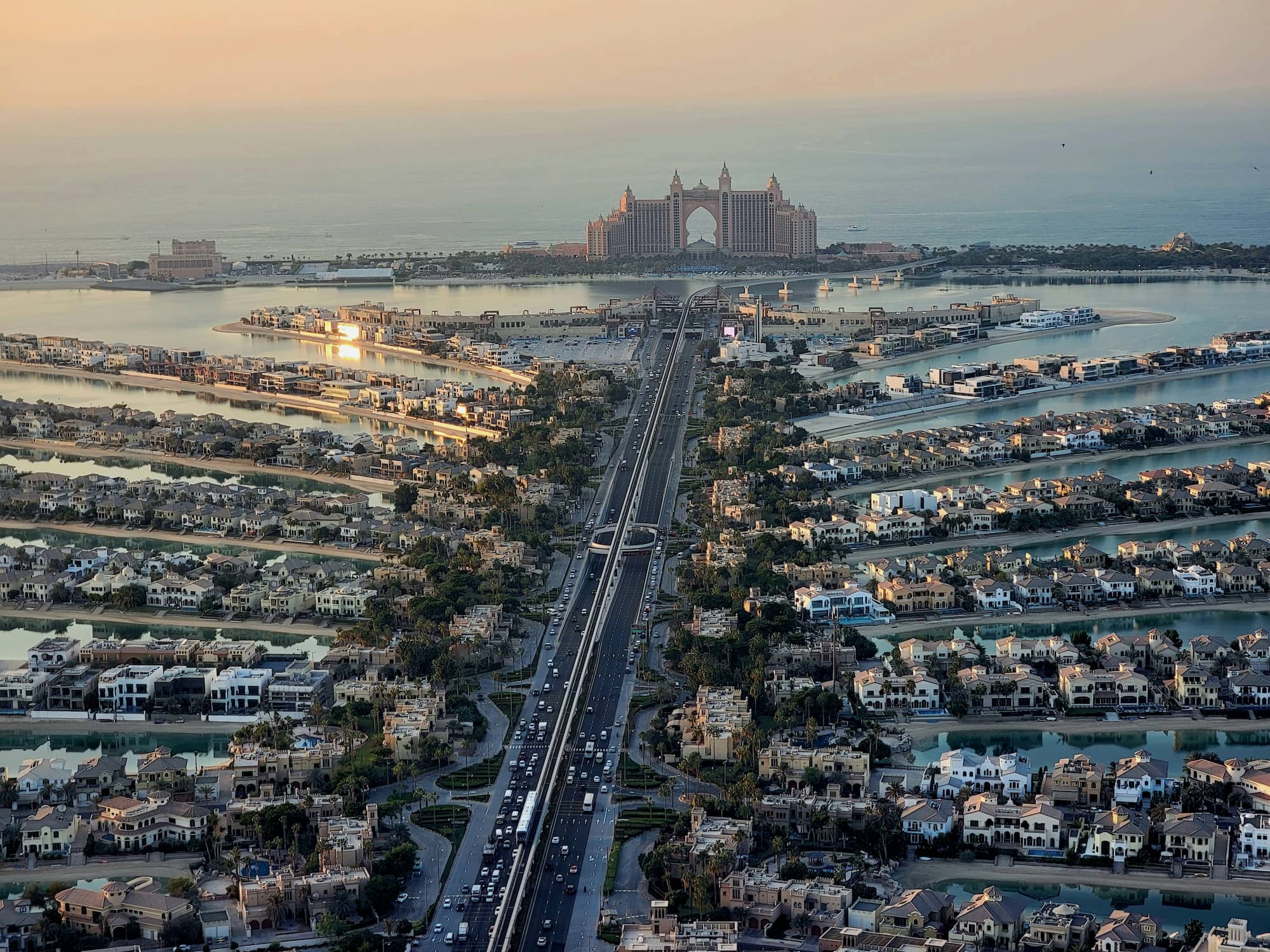 Aerial view of Palm Jumeirah and Atlantis The Palm at sunset